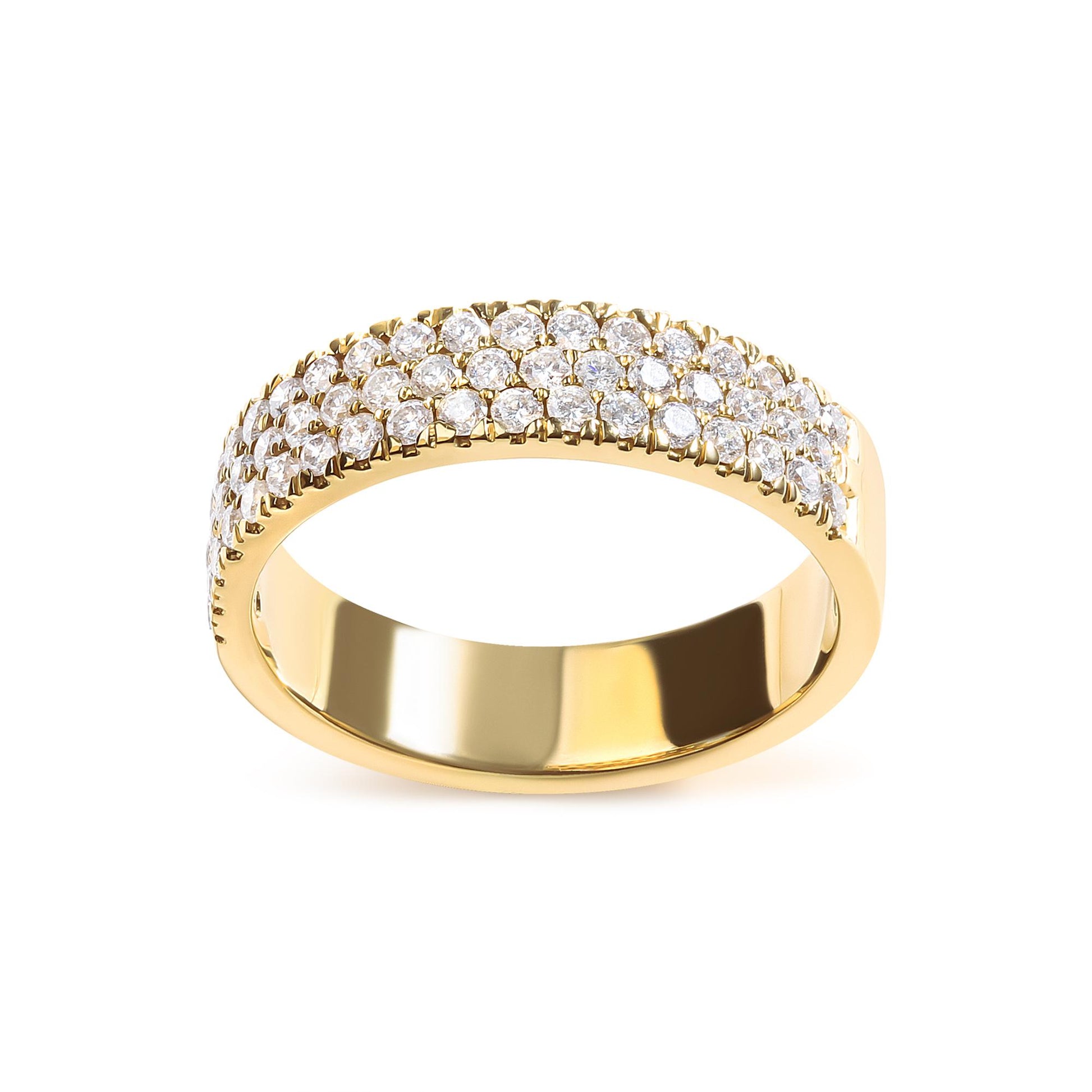 Yellow ring with three rows of white round gemstones in pave setting, shown at front angle.