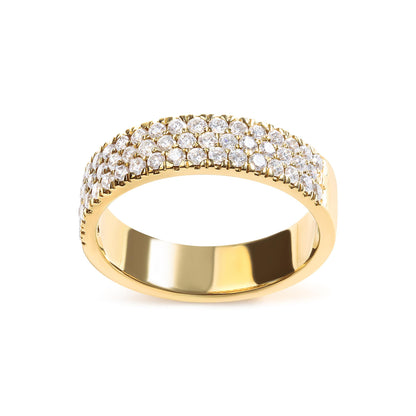 Yellow ring with three rows of white round gemstones in pave setting, shown at front angle.