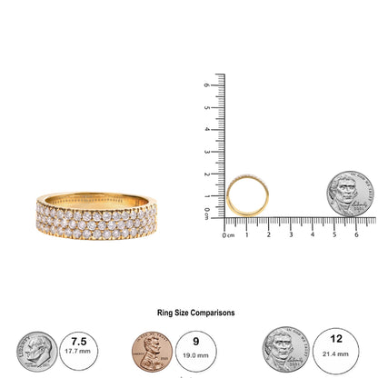 Yellow ring with three rows of round white gemstones in pave setting, shown from front and side on a ruler for size reference.