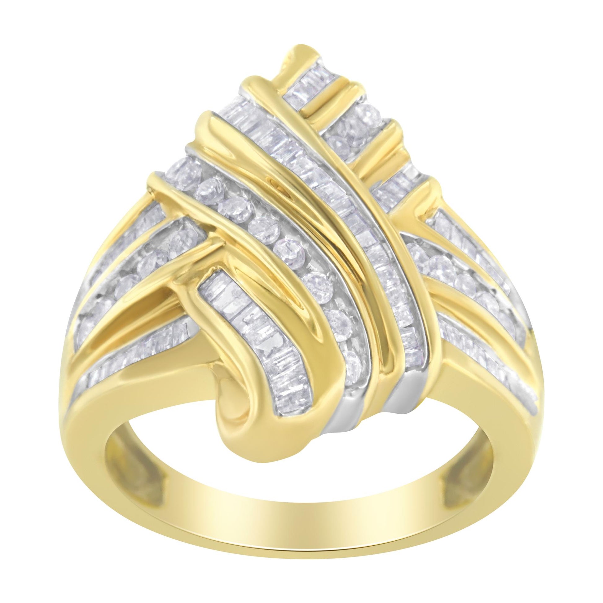 Front angle view of a yellow metal ring with an intricate design featuring channel-set white round and baguette-shaped gemstones.