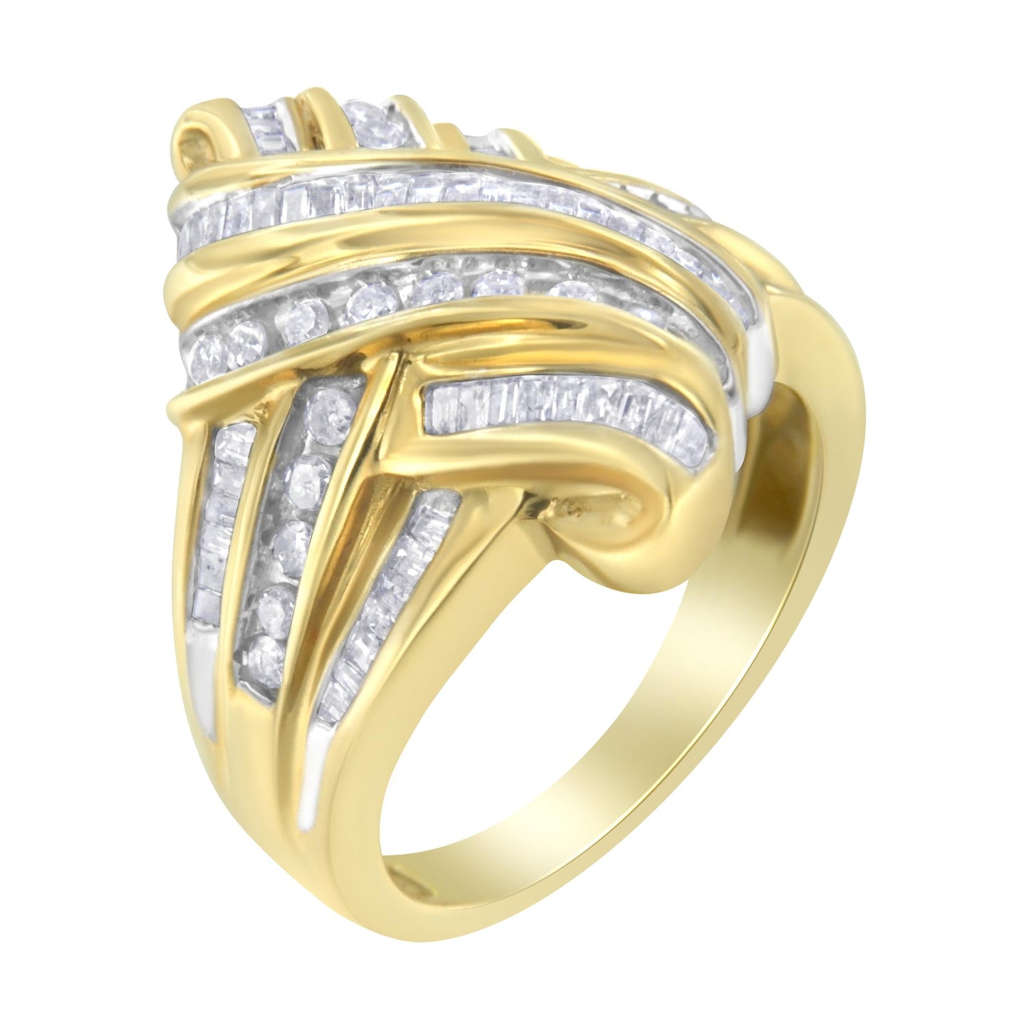 Yellow ring shown at an angled side view with round and baguette white gemstones set in channel settings across the top.