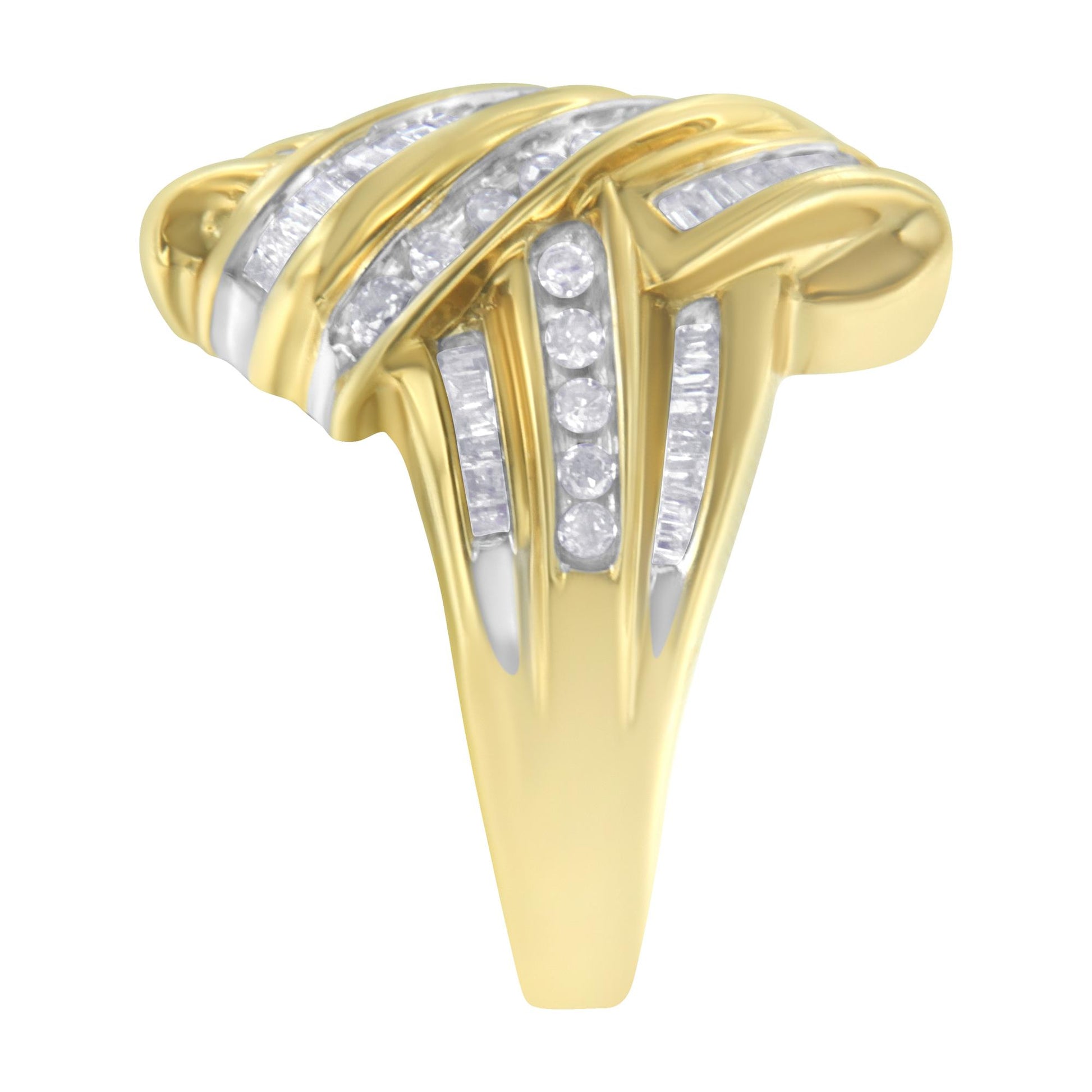 Close-up front angle of a yellow metal ring featuring channel-set white round and baguette-shaped gemstones arranged in alternating sections.