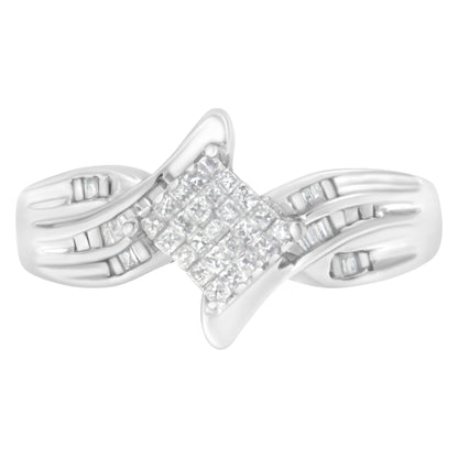 Front angle of a white metal ring featuring a central cluster of princess-shaped white gemstones in an invisible setting, flanked by baguette-shaped white gemstones in a channel setting along the band.