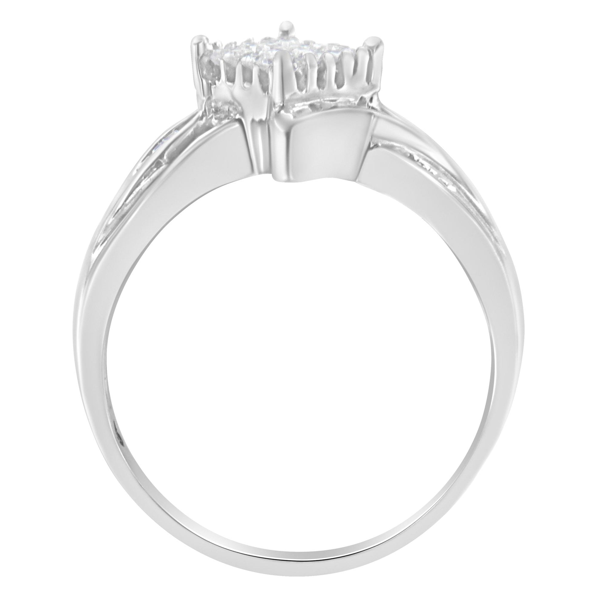 White metal ring with a cluster of white gemstones in a prong setting, viewed from the side angle.