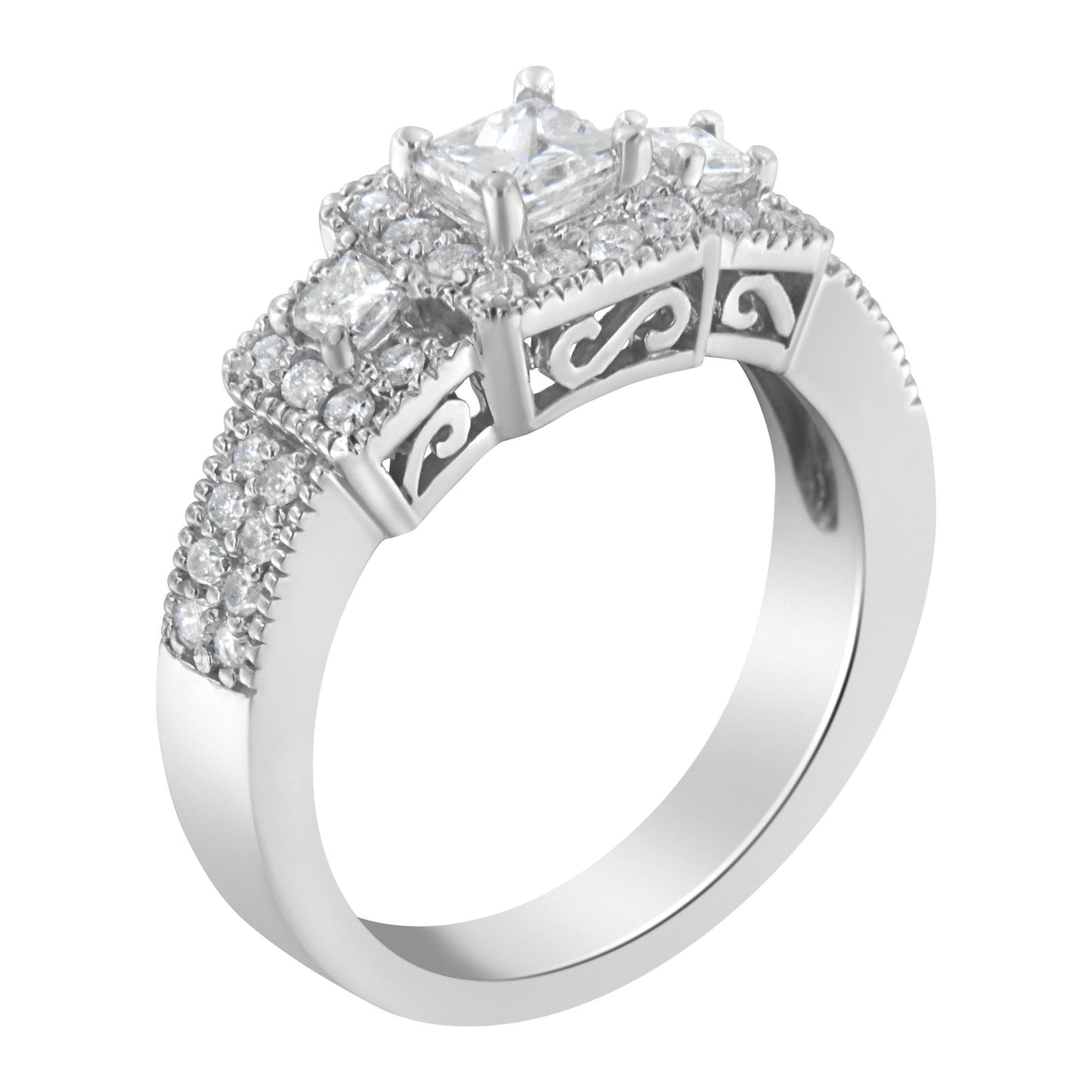 White metal ring with a central princess-shaped gemstone flanked by two smaller princess-shaped gemstones and multiple round gemstones set along the band, shown at a slightly angled top-down view.