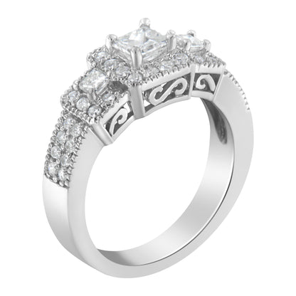 White metal ring with a central princess-shaped gemstone flanked by two smaller princess-shaped gemstones and multiple round gemstones set along the band, shown at a slightly angled top-down view.