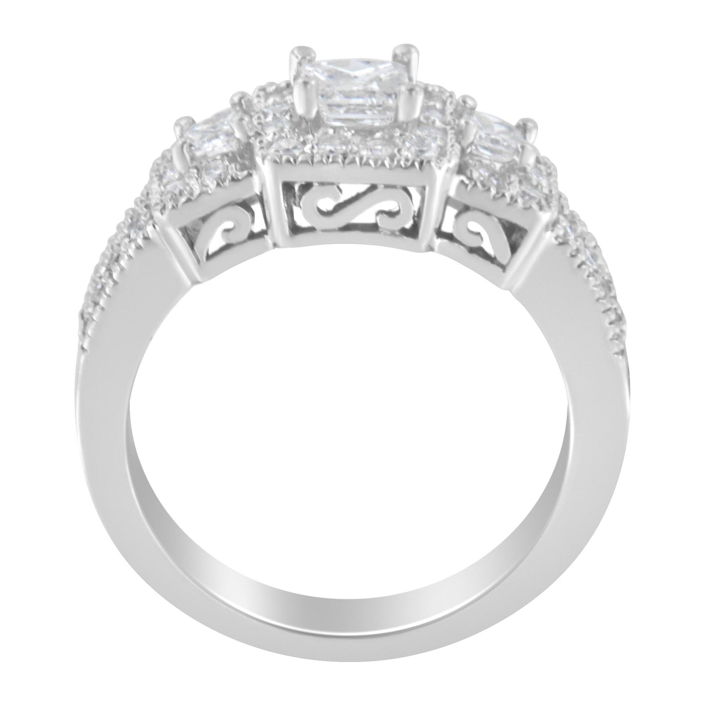 White metal ring shown from the side angle featuring three prong-set princess shape white gemstones and multiple prong-set round white gemstones along the band and surrounding the larger stones.