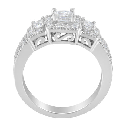 White metal ring shown from the side angle featuring three prong-set princess shape white gemstones and multiple prong-set round white gemstones along the band and surrounding the larger stones.
