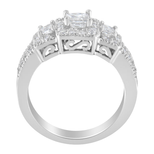 White metal ring shown from the side angle featuring three prong-set princess shape white gemstones and multiple prong-set round white gemstones along the band and surrounding the larger stones.