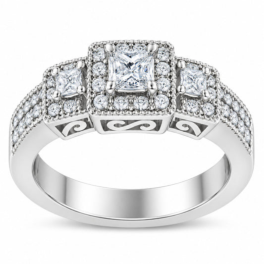 14K White Gold Round and Princess-Cut Diamond Three Stone Ring (1 Cttw, H-I Color, I1-I2 Clarity)