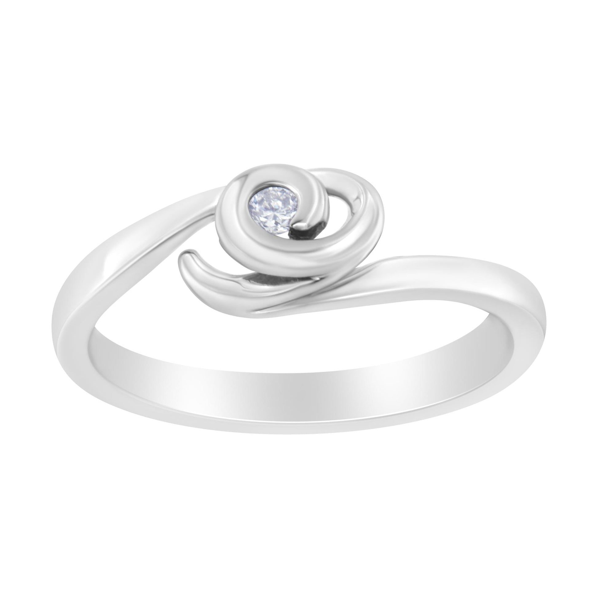 White metal ring with a swirl design holding a single round white gemstone in a bezel setting, shown from an angled side view.