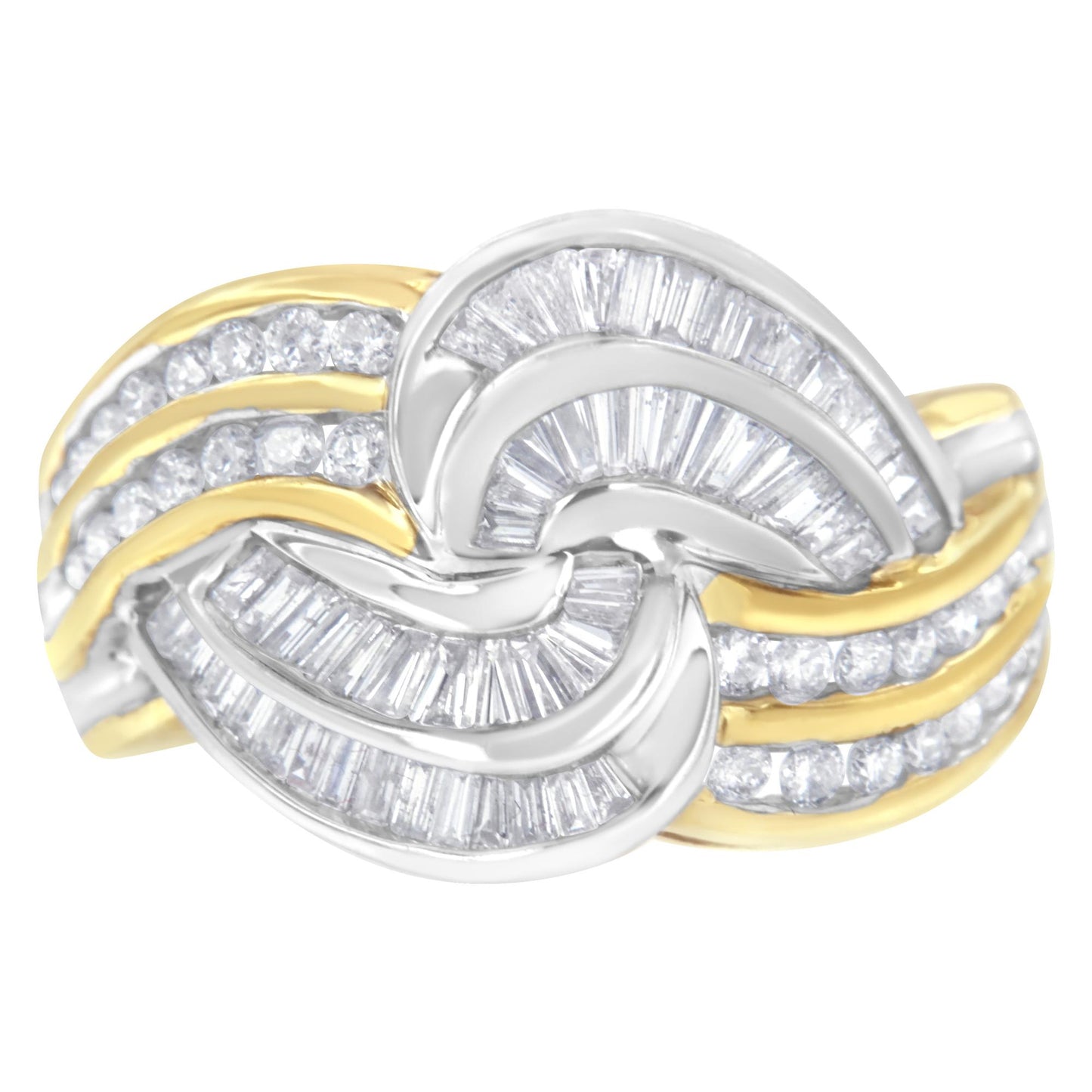 Close-up front angle of a two-tone ring featuring intertwined bands with channel-set white round and baguette-shaped gemstones.