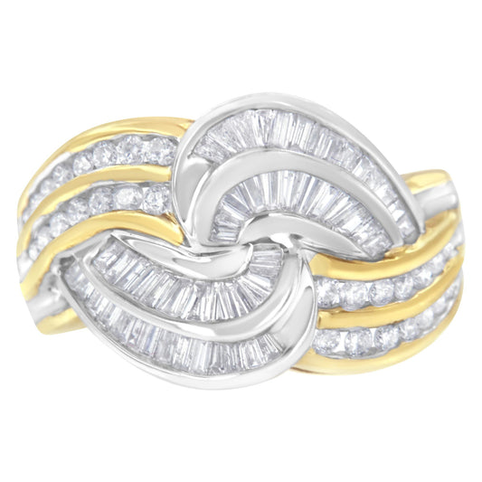 Close-up front angle of a two-tone ring featuring intertwined bands with channel-set white round and baguette-shaped gemstones.
