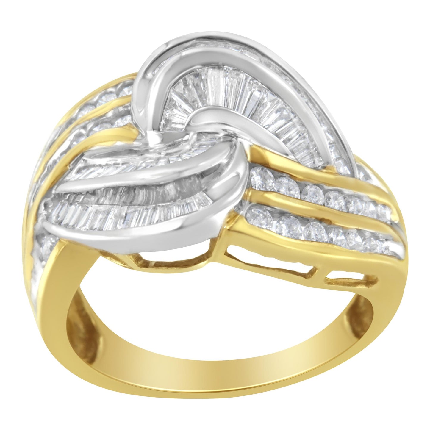 Close-up front angled view of a two-tone ring showcasing intersecting yellow and white metal bands adorned with channels of round and baguette shaped white gemstones.