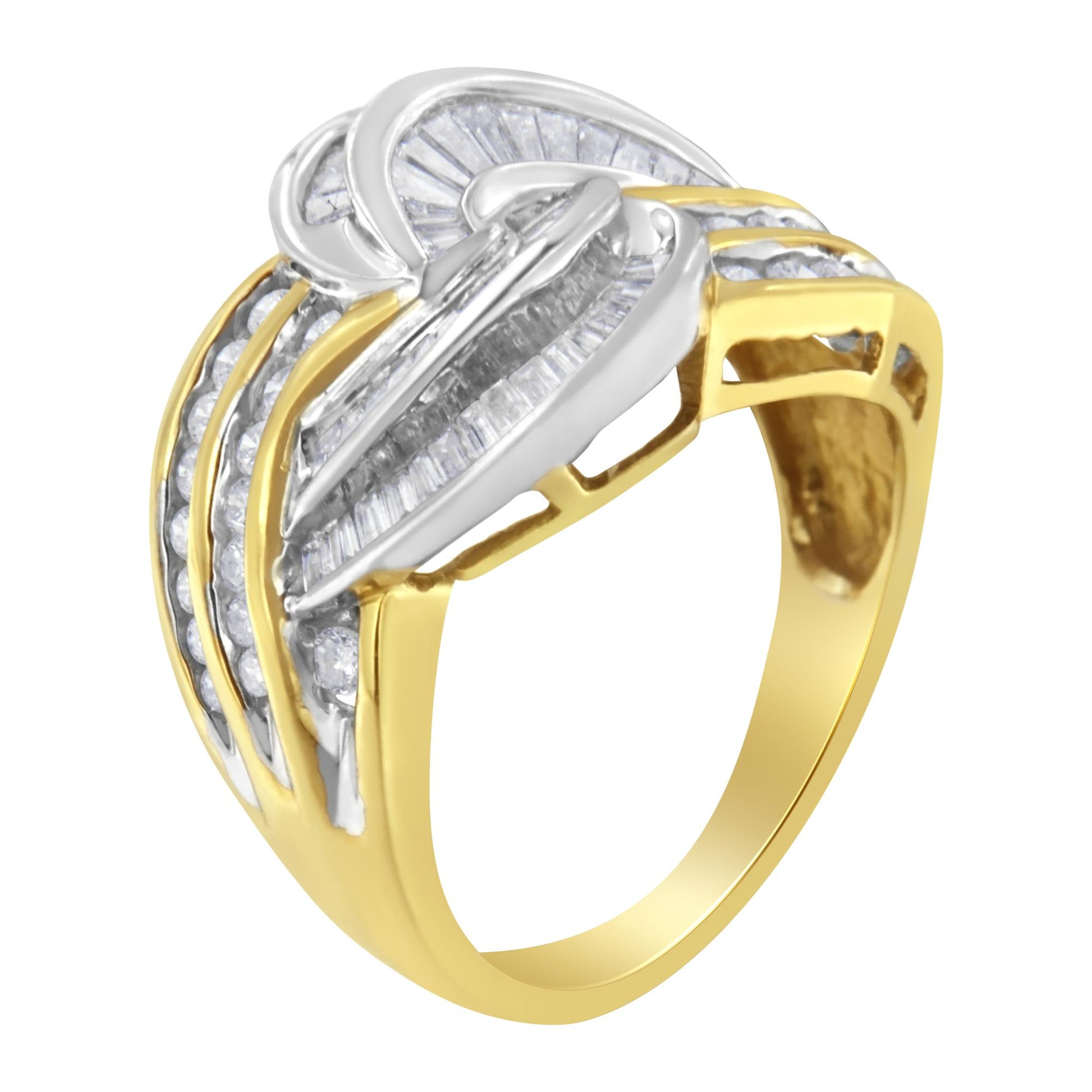 Close-up angled view of a ring featuring intertwined yellow and white metal bands adorned with white round and baguette-shaped gemstones in channel settings.