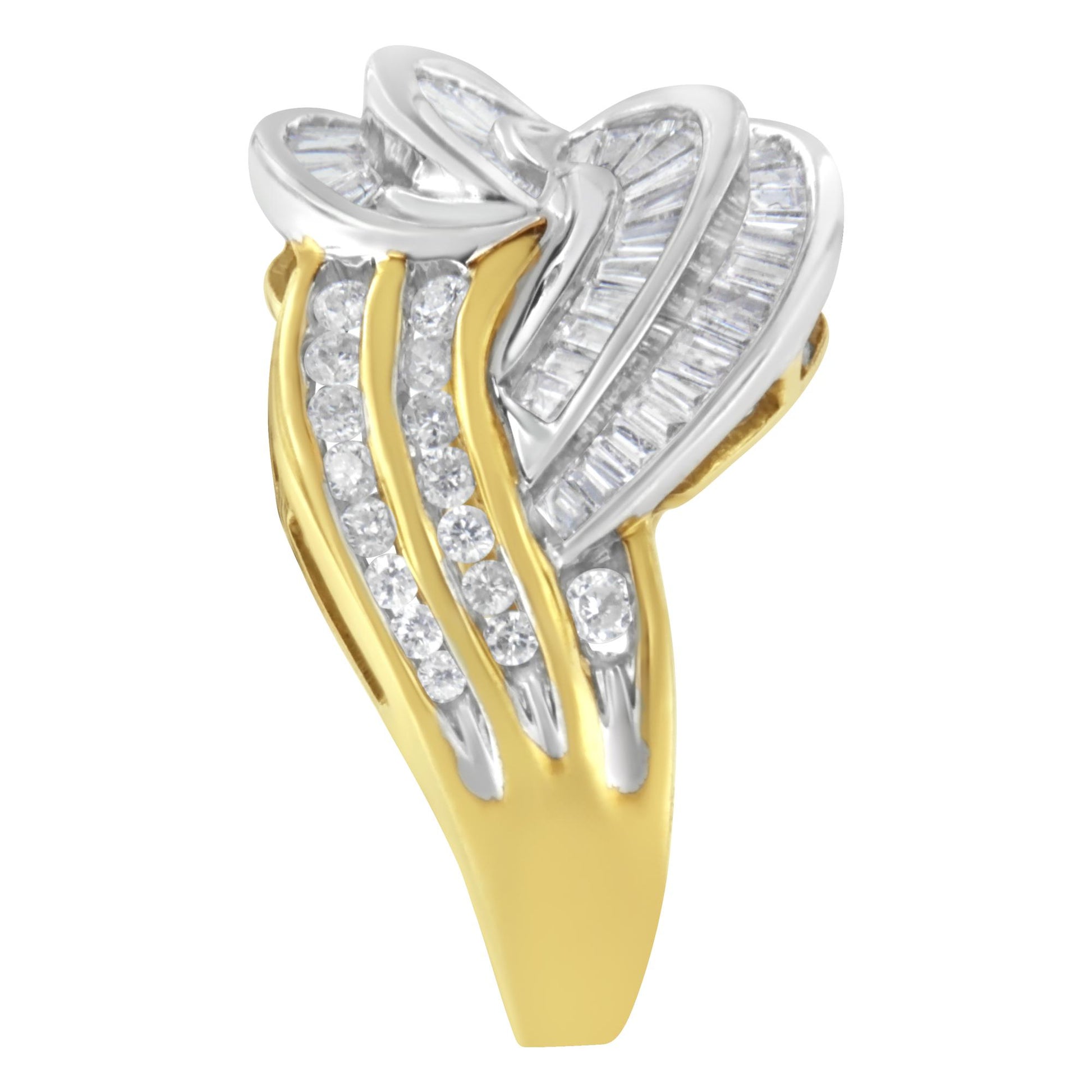 Close-up front angle of a two-tone ring featuring yellow and white metal colors, adorned with round and baguette-shaped white gemstones in channel settings.