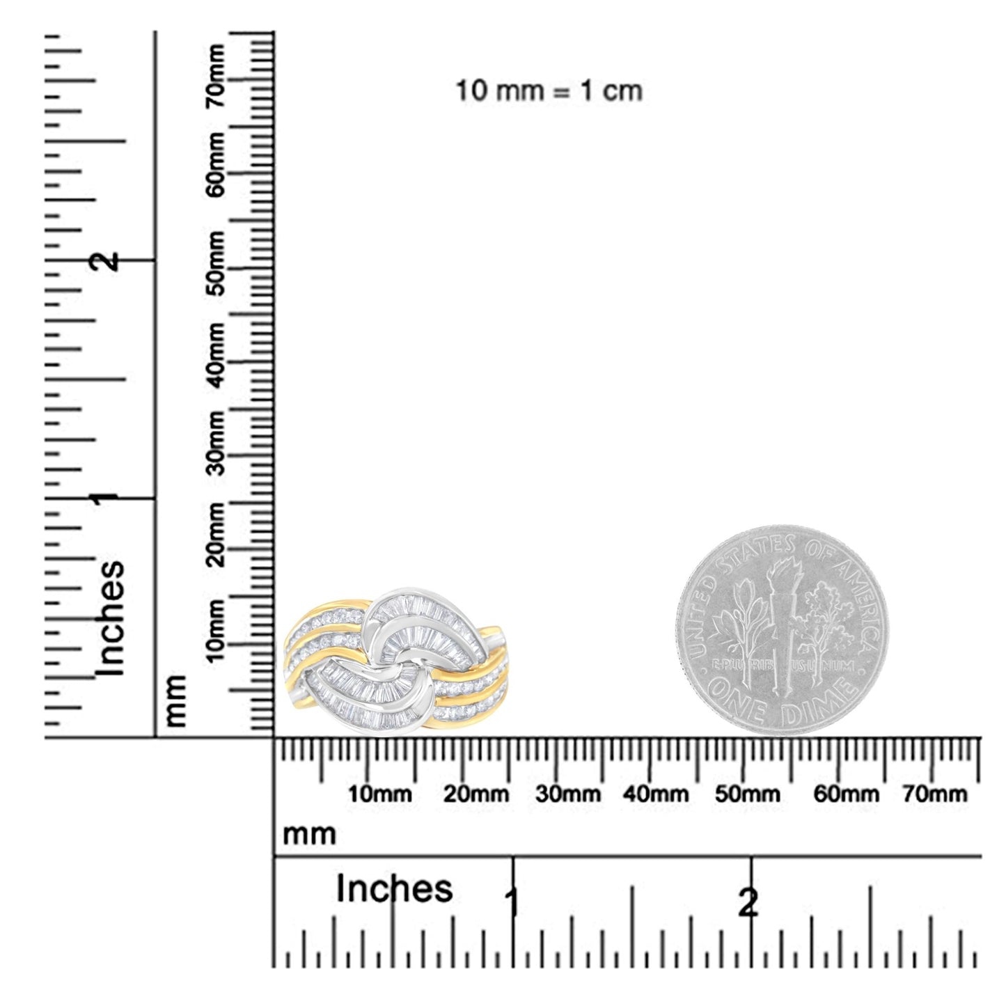 Ring with intertwined design of yellow and white metal, featuring channel-set round and baguette white gemstones, shown close-up on a ruler and dime for size reference from a front angle.