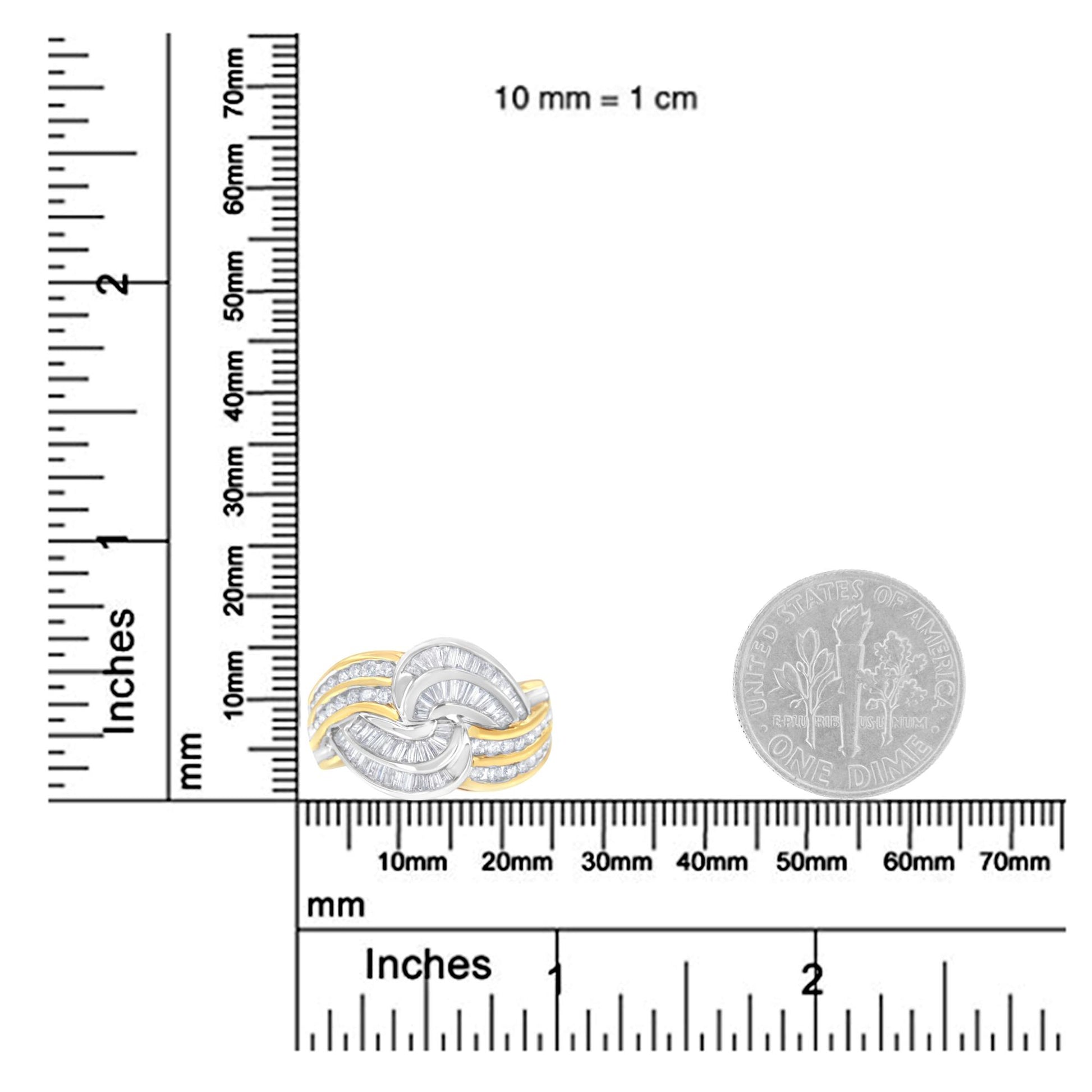 Ring with intertwined design of yellow and white metal, featuring channel-set round and baguette white gemstones, shown close-up on a ruler and dime for size reference from a front angle.