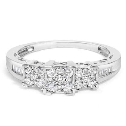 Close-up front angle of a white metal ring with three square clusters of round pave-set white gemstones and baguette-shaped gemstones channel-set along the band.