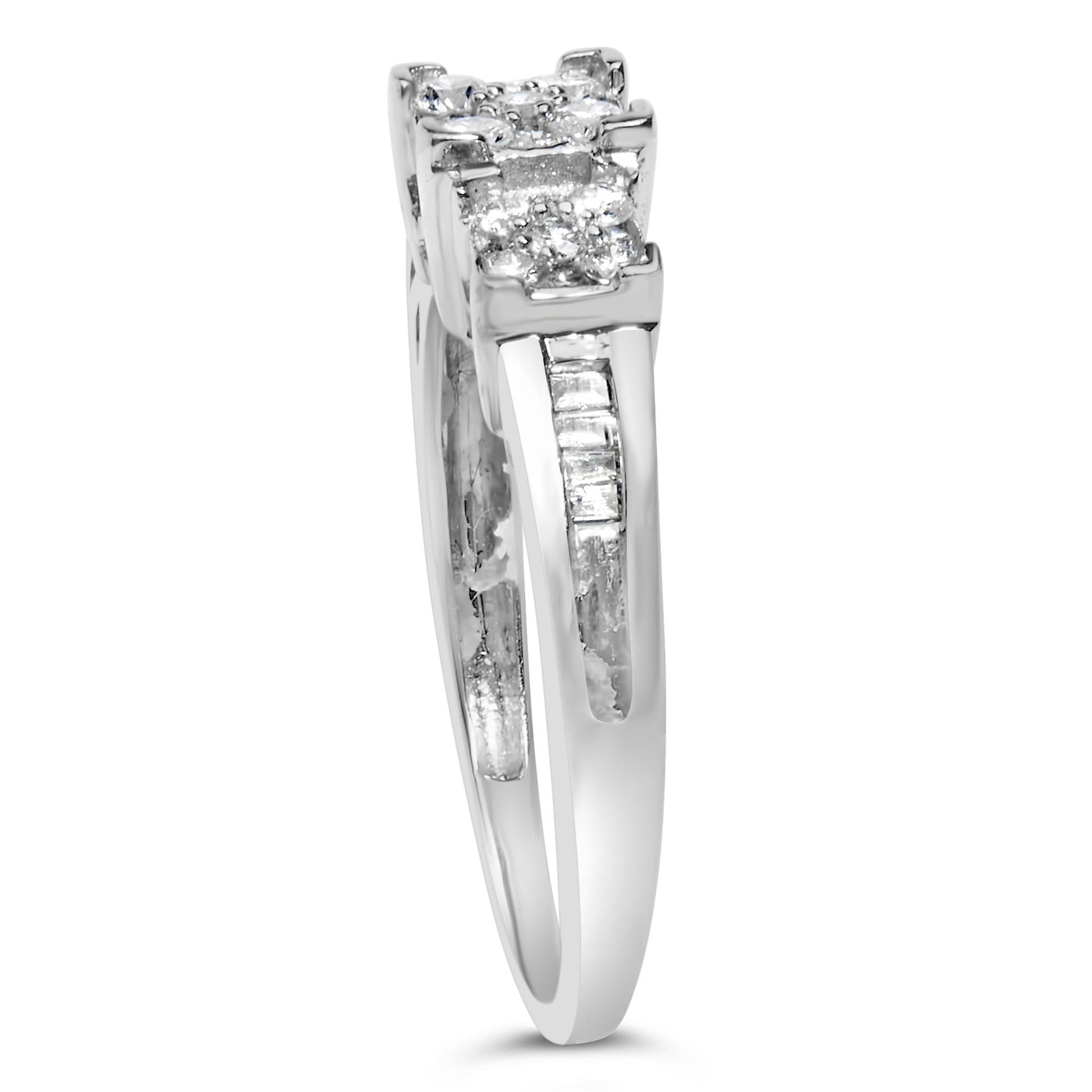 Side angle view of a white metal ring featuring round and baguette shaped white gemstones in pave and channel settings.