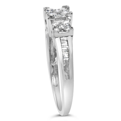 Side angle view of a white metal ring featuring round and baguette shaped white gemstones in pave and channel settings.