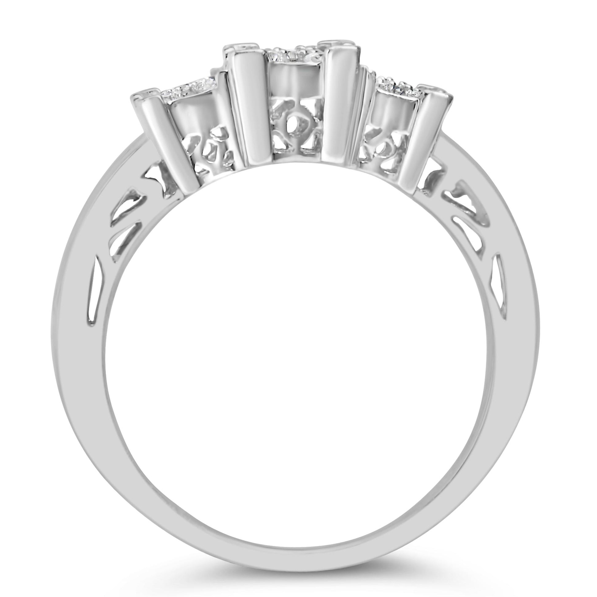 White metal ring shown from a side angle, featuring a row of white round pave-set gemstones with three larger round pave-set gemstones and a row of channel-set baguette white gemstones, the band has decorative openwork detailing.