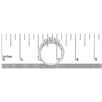 White metal ring with round and baguette shaped white gemstones in pave and channel settings, shown from the side on a ruler for size reference.