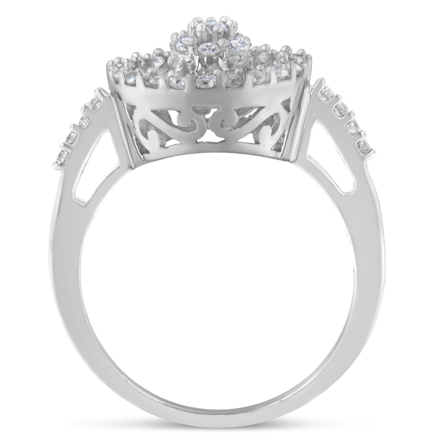 Front angle of a white metal ring featuring a cluster of prong-set round white gemstones at the center, surrounded by channel-set baguette-shaped white gemstones along the band.