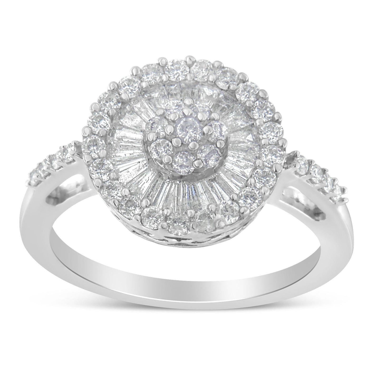 White metal ring with a round cluster of prong-set white round gemstones surrounded by channel-set white baguette gemstones and additional round gemstones on the band, shown in a front angle close-up.