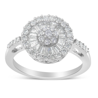 White metal ring with a round cluster of prong-set white round gemstones surrounded by channel-set white baguette gemstones and additional round gemstones on the band, shown in a front angle close-up.