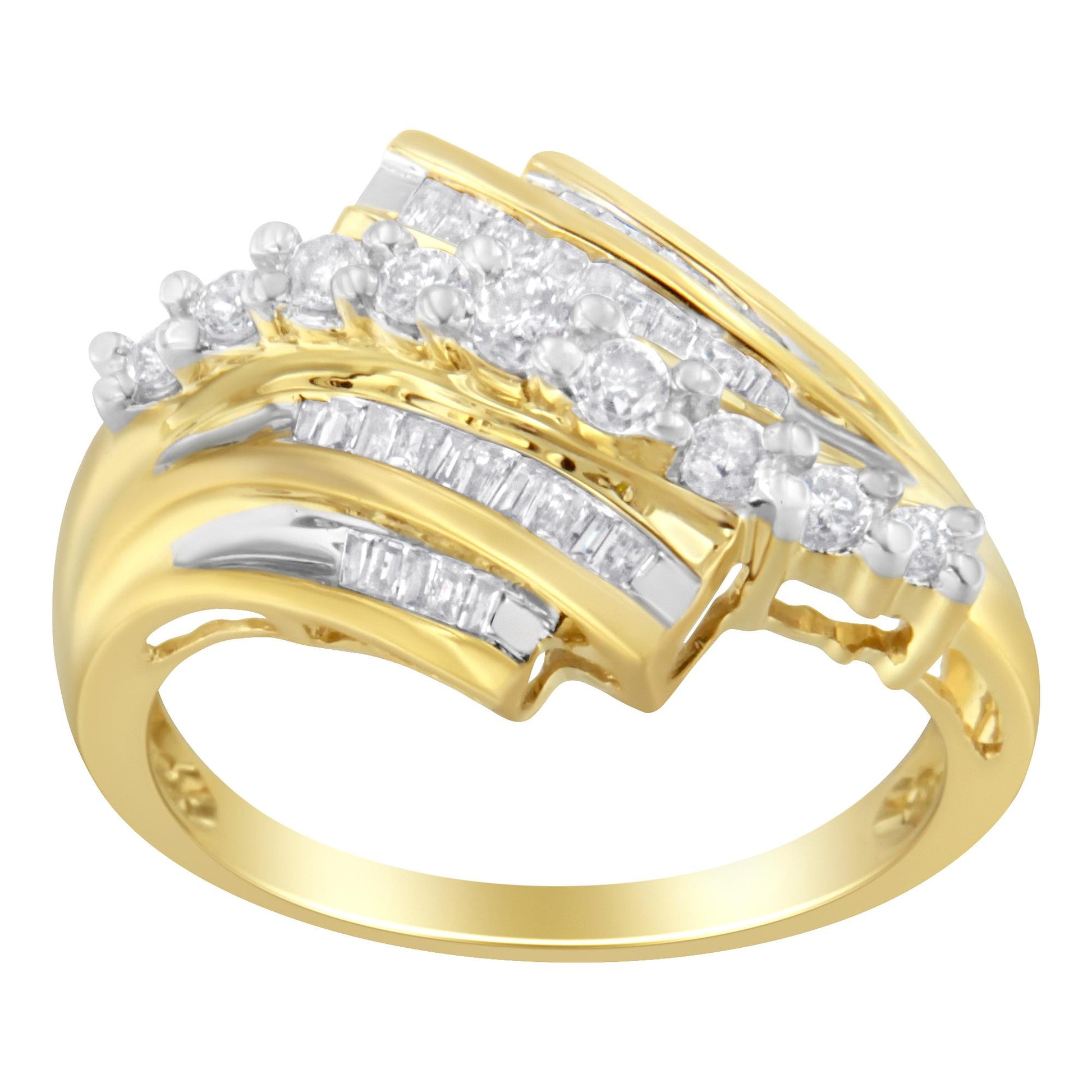 Close-up side angle of a yellow metal ring featuring round white gemstones in prong settings and multiple rows of white baguette gemstones in channel settings.