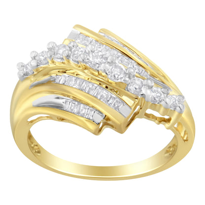 Close-up side angle of a yellow metal ring featuring round white gemstones in prong settings and multiple rows of white baguette gemstones in channel settings.