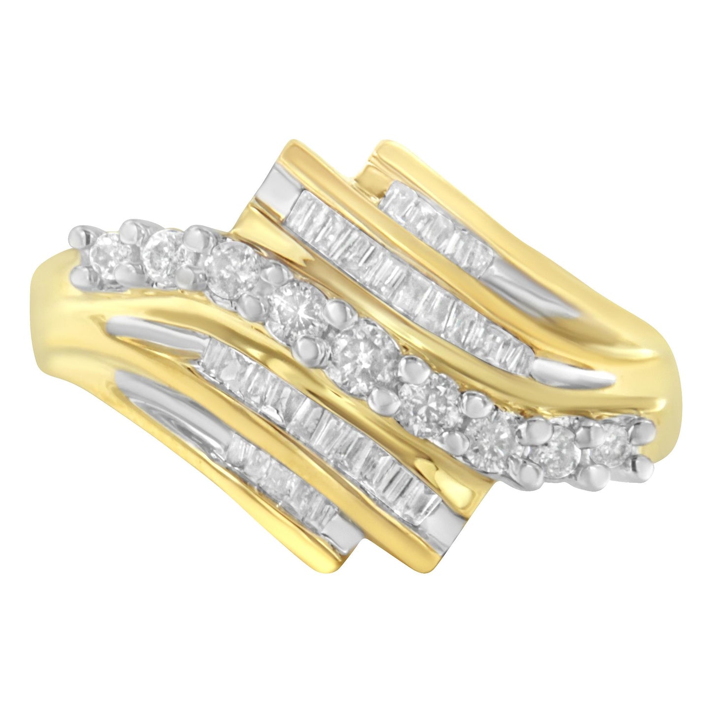 Close-up front angle view of a yellow ring with alternating rows of round and baguette-shaped white gemstones in prong and channel settings.