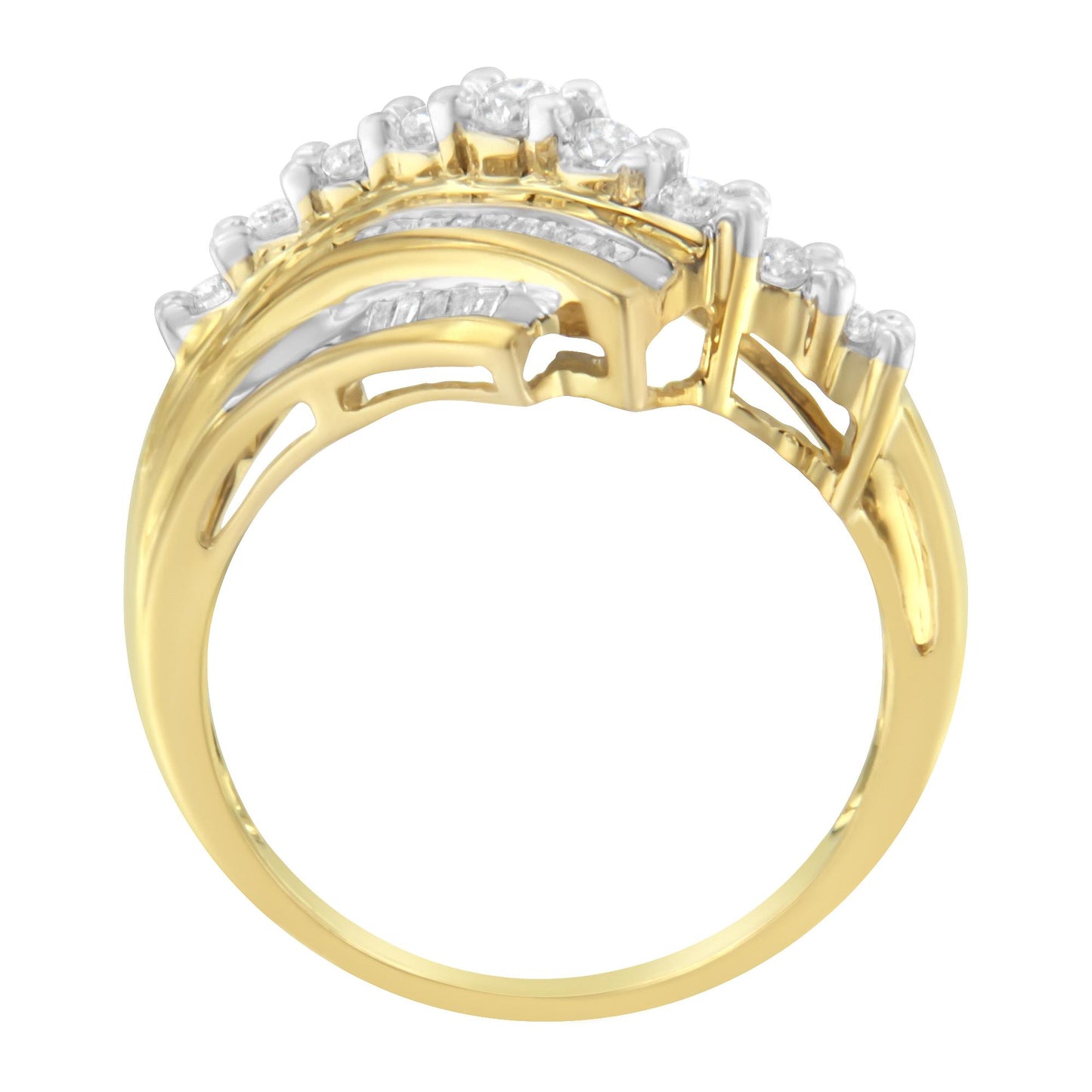 Side profile of a yellow metal ring with multiple white gemstones in round prong and baguette channel settings.