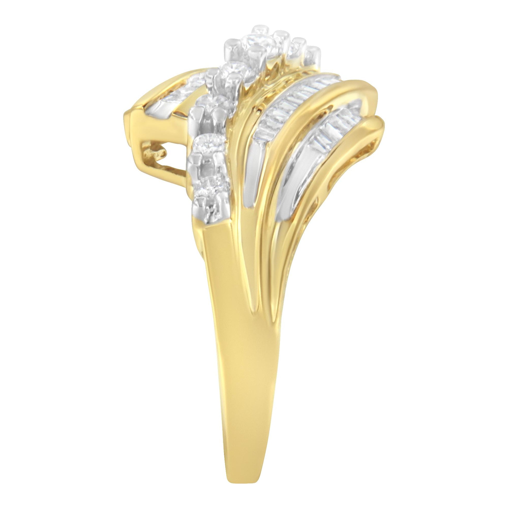 Close-up side angle of a yellow metal ring featuring multiple rows of white round gemstones in prong settings and white baguette gemstones in channel settings.