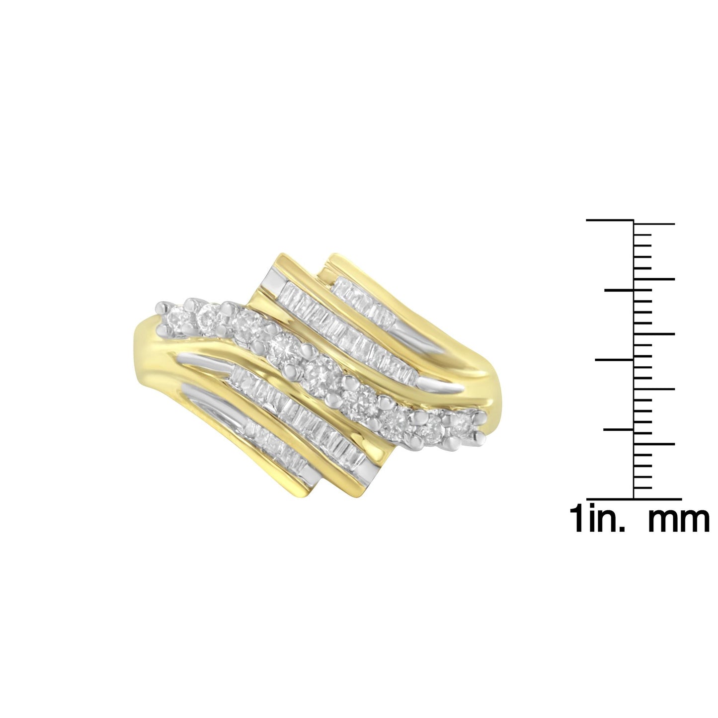 Yellow metal ring with overlapping bands featuring round and baguette white gemstones, shown in a front angle view next to a ruler for size reference.