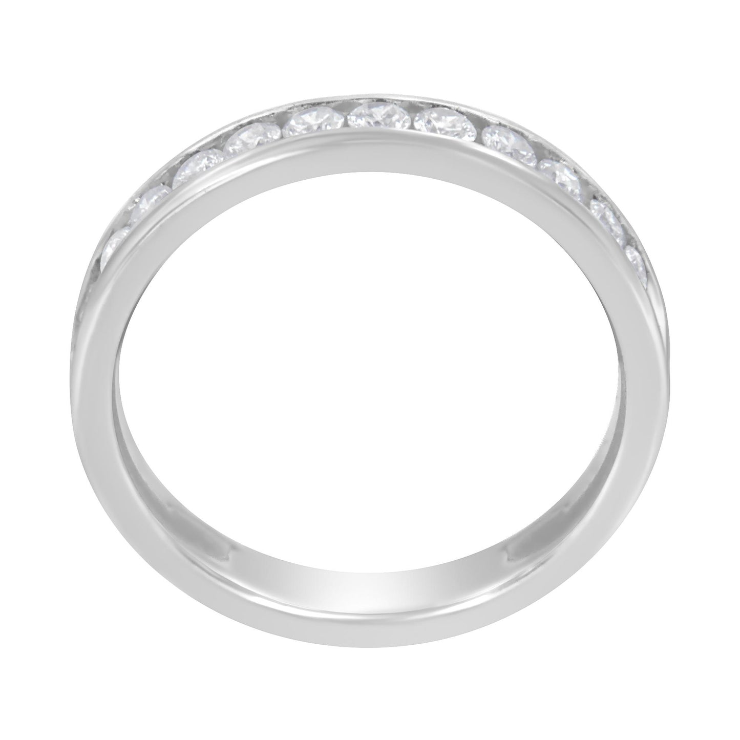 Top-down view of a white ring with a channel setting of round white gemstones encircling half the band.