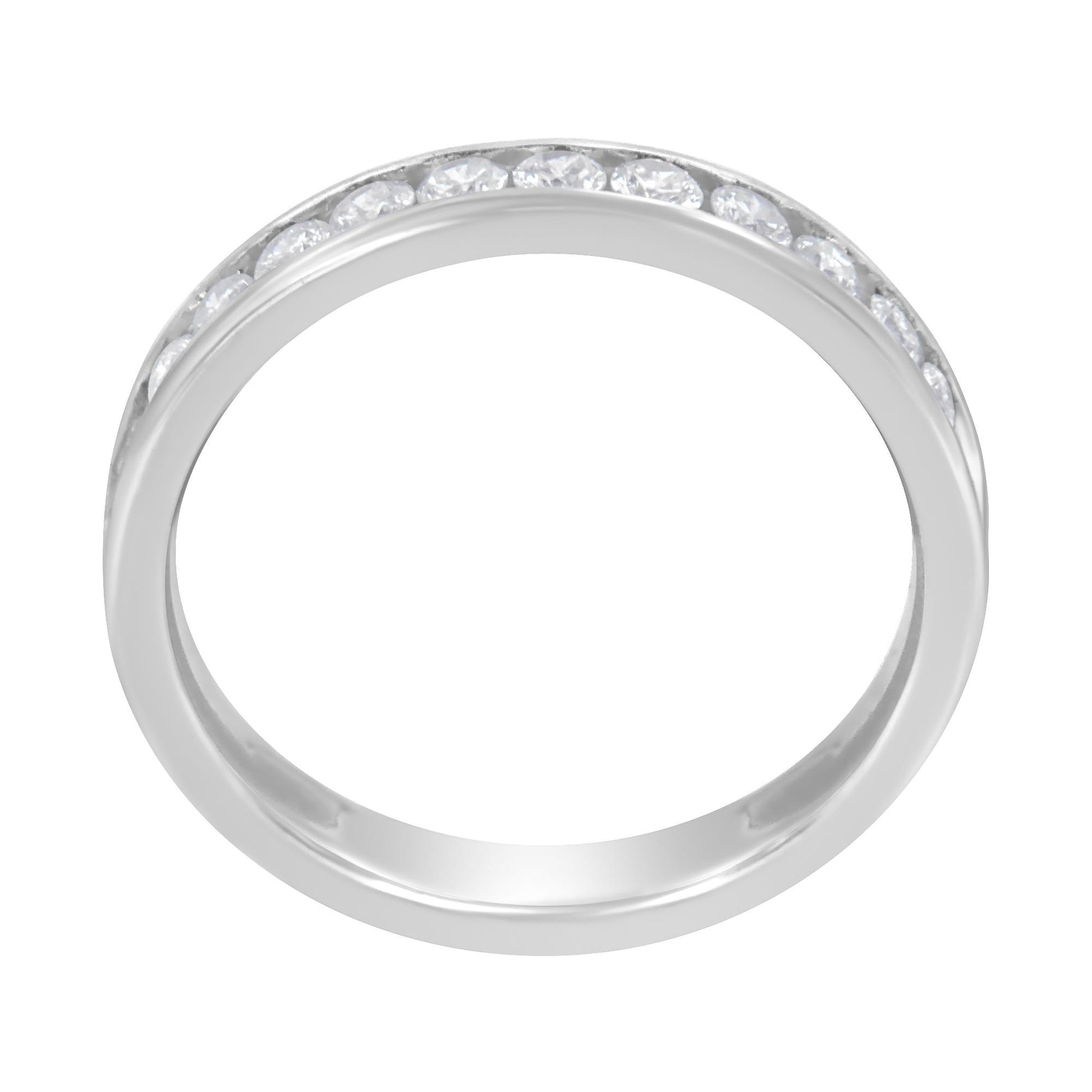 Top-down view of a white ring with a channel setting of round white gemstones encircling half the band.
