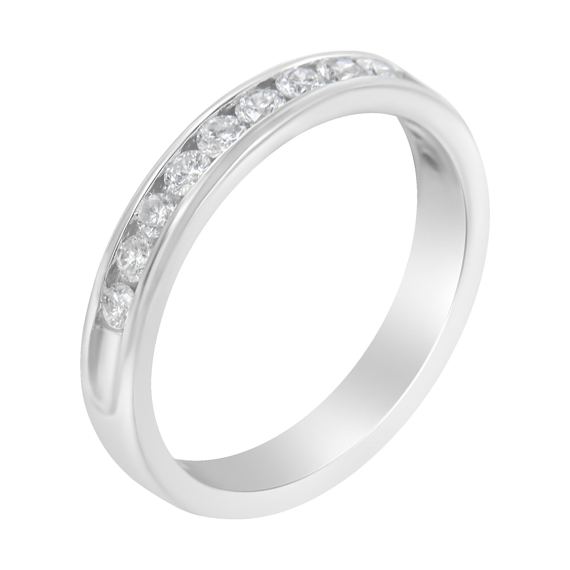 White metal ring with a channel-set row of round white gemstones, shown at an angled top-down view.