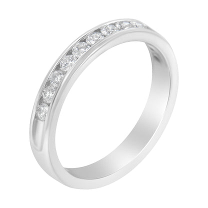 White metal ring with a channel-set row of round white gemstones, shown at an angled top-down view.