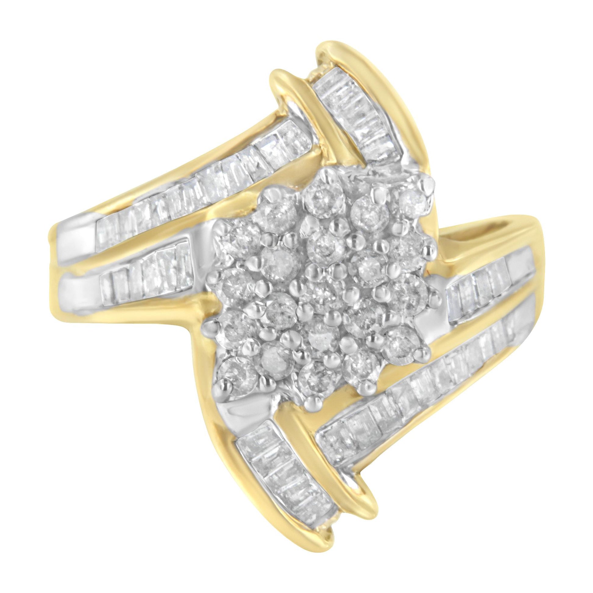 Yellow metal ring with a cluster of round white gemstones in prong settings at the center, surrounded by rows of baguette white gemstones in channel settings, shown from a front angle.