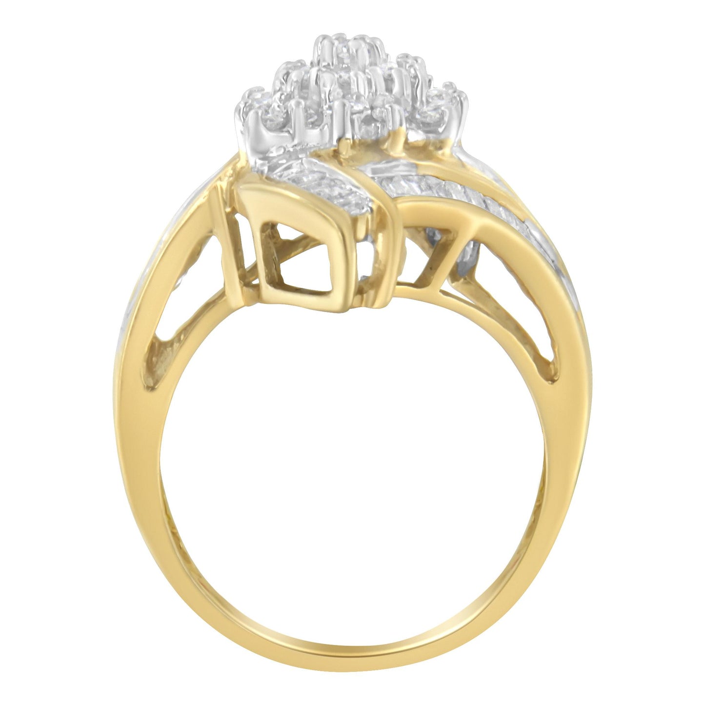 Yellow ring with white round gemstones in prong setting and white baguette gemstones in channel setting, shown from the front angle.