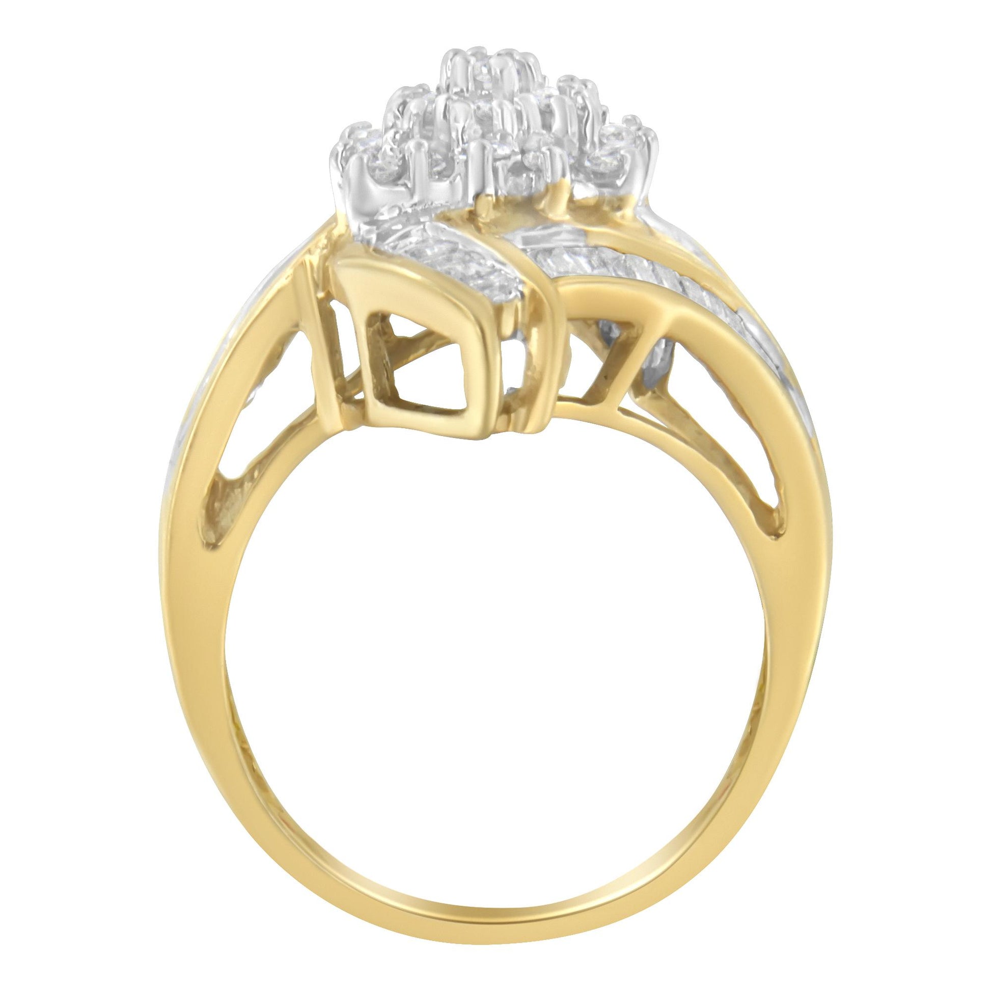 Yellow ring with white round gemstones in prong setting and white baguette gemstones in channel setting, shown from the front angle.