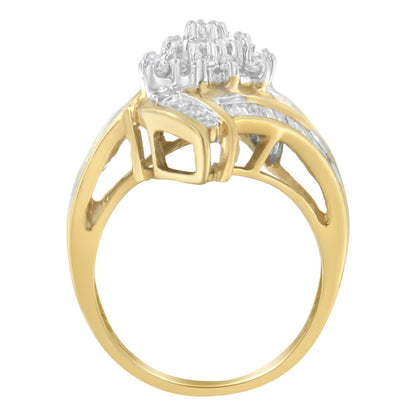 Yellow ring with white round gemstones in prong setting and white baguette gemstones in channel setting, shown from the front angle.