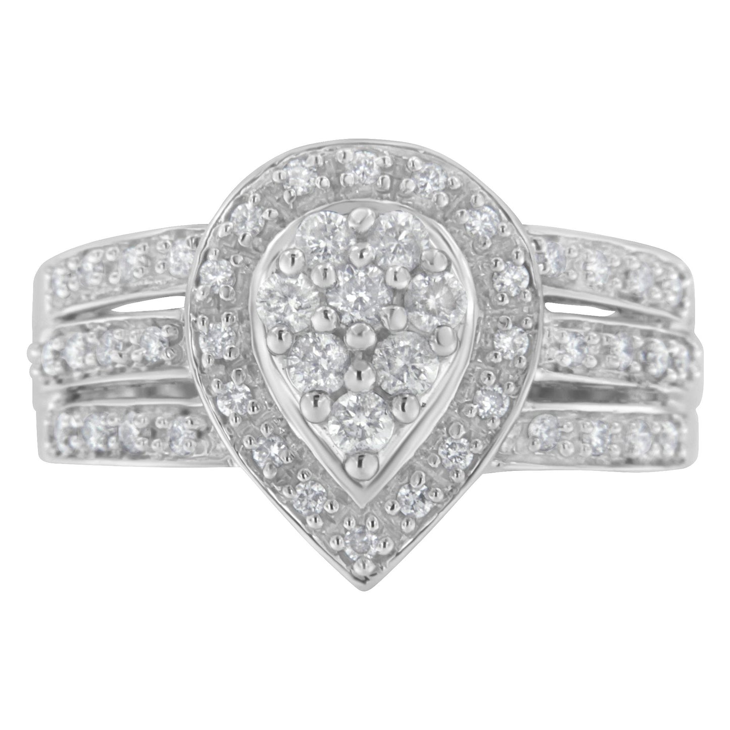 Front-facing view of a white ring with a pear-shaped cluster of round white gemstones surrounded by a halo of smaller round white gemstones and a triple band adorned with small round white gemstones.