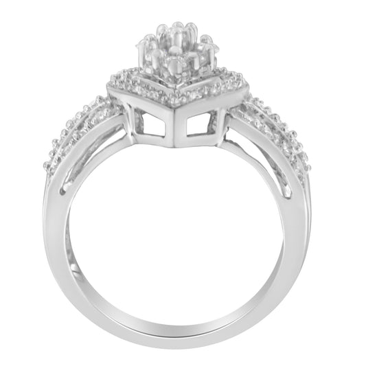 White metal ring with a square cluster of small white gemstones on top, viewed from the side angle. The band features pavé-set white gemstones along the sides.