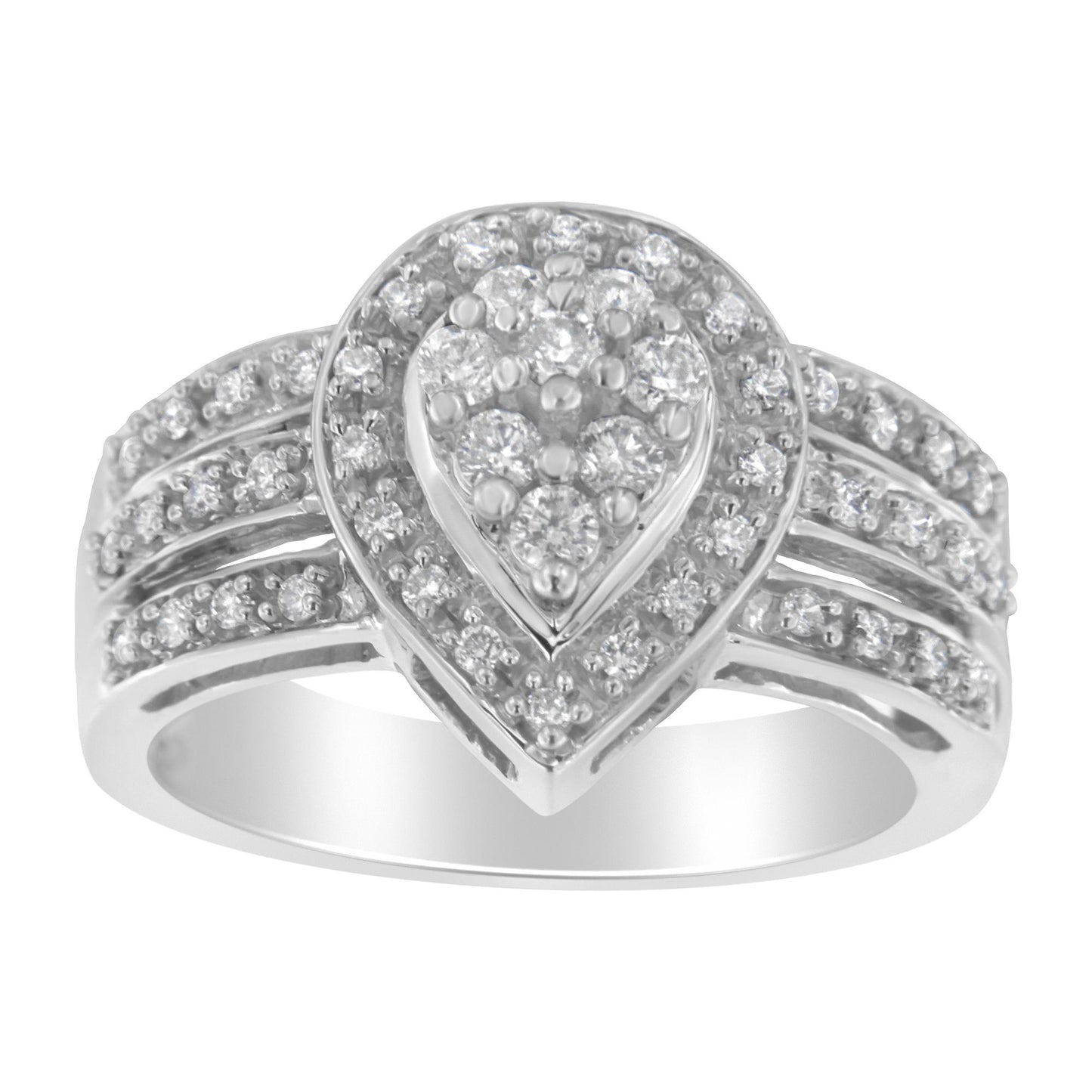 Front-facing shot of a white ring featuring a pear-shaped cluster of white round gemstones in a pave setting, surrounded by a halo of smaller white round gemstones, with additional rows of white round gemstones along the band.