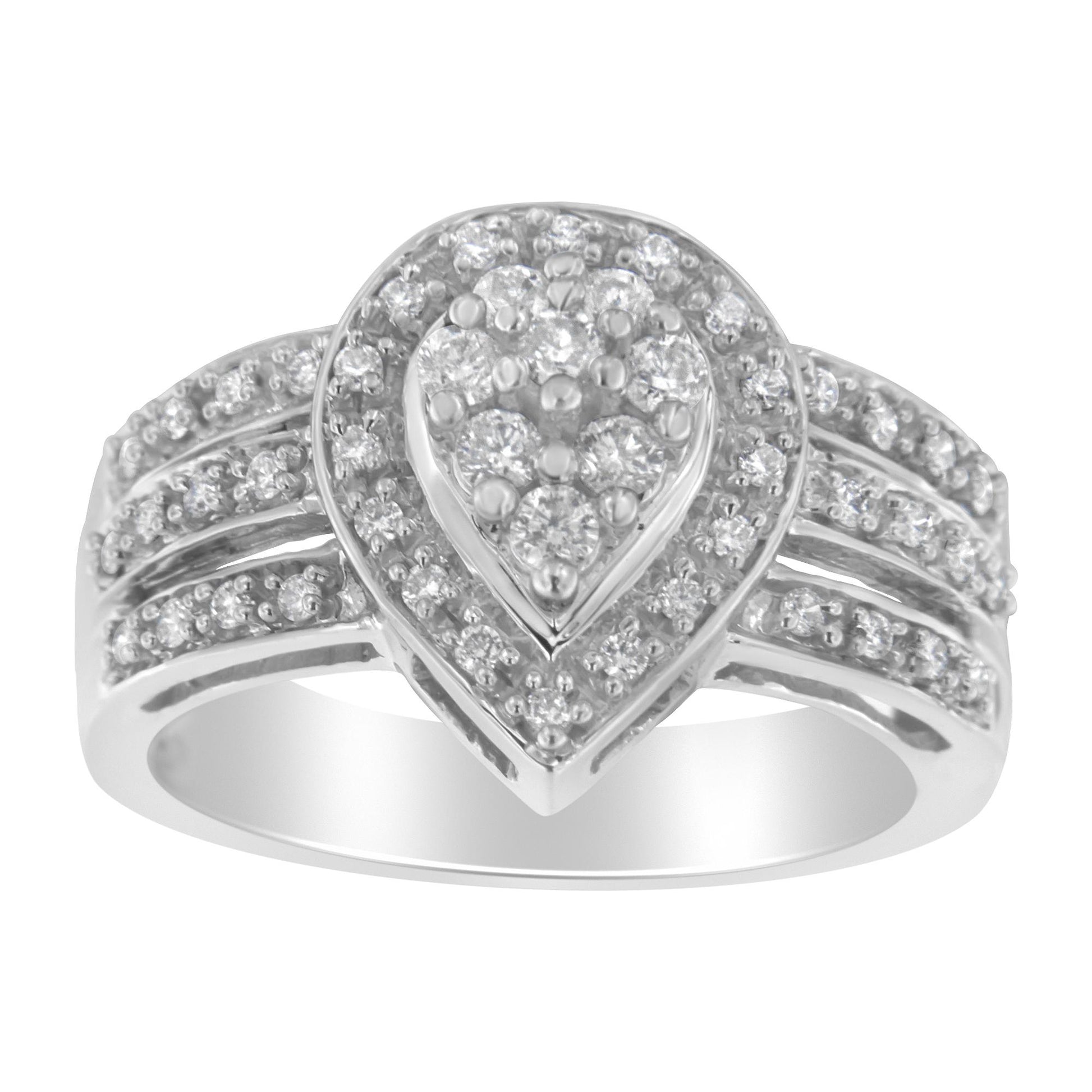 Front-facing shot of a white ring featuring a pear-shaped cluster of white round gemstones in a pave setting, surrounded by a halo of smaller white round gemstones, with additional rows of white round gemstones along the band.