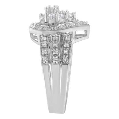 Front angled view of a white metal ring featuring multiple round white gemstones in a pave setting arranged in a layered design on the top and along the split band.