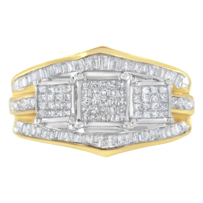 Top view of a two-toned ring featuring white gemstones in round channel settings, baguette channel settings, and princess invisible settings.